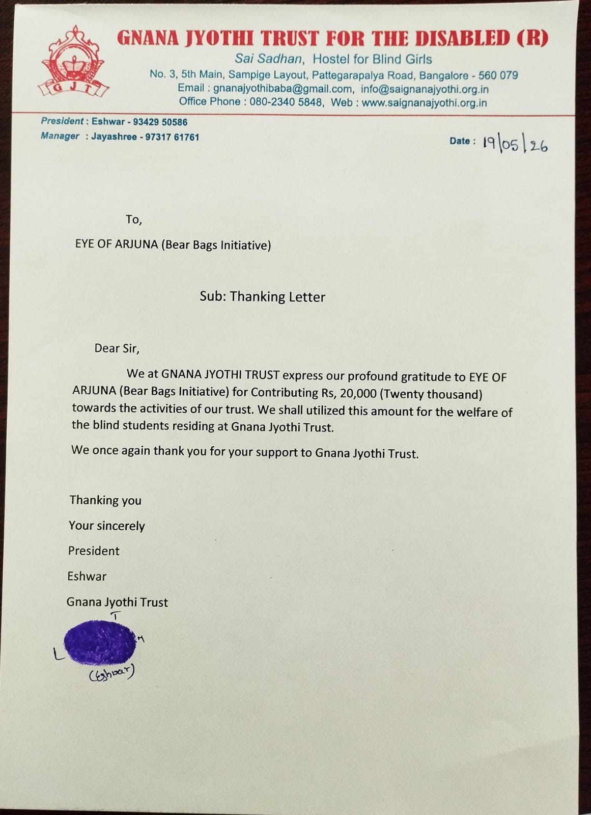 Gnana Jyothi Trust acknowledgement letter